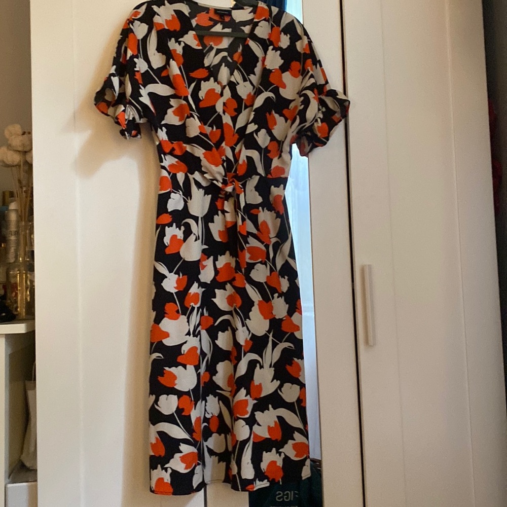 Midi elegant dress. Black with cream and orange flower pattern. Size XS